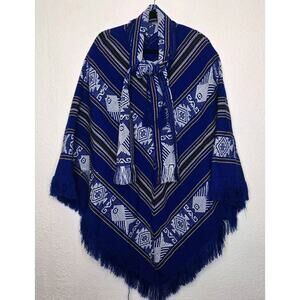 Handmade Fringe Southwestern Poncho Blue Tribal Wool Blend Scarf Tassel Boho VTG